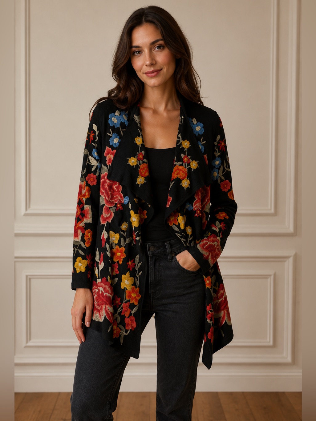 Johnny Was Biya Black Floral Teagan Draped Cardigan With Multi-Colour Blooms